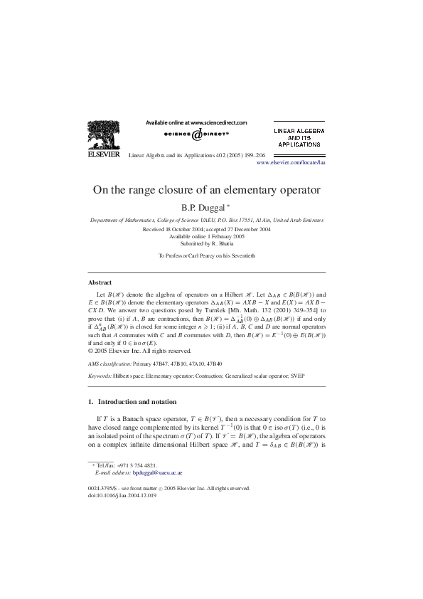 (PDF) On the range closure of an elementary operator