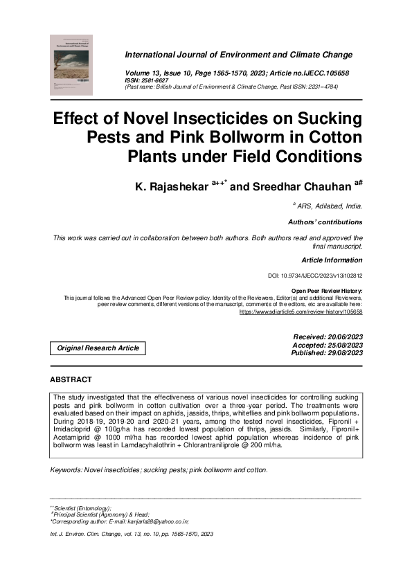 (PDF) Effect of Novel Insecticides on Sucking Pests and Pink Bollworm ...