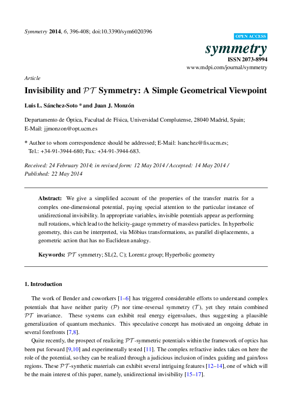 (PDF) Invisibility and PT Symmetry: A Simple Geometrical Viewpoint ...