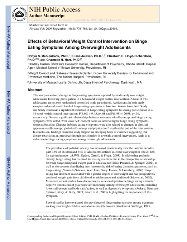 (PDF) Effects of behavioral weight control intervention on binge eating ...