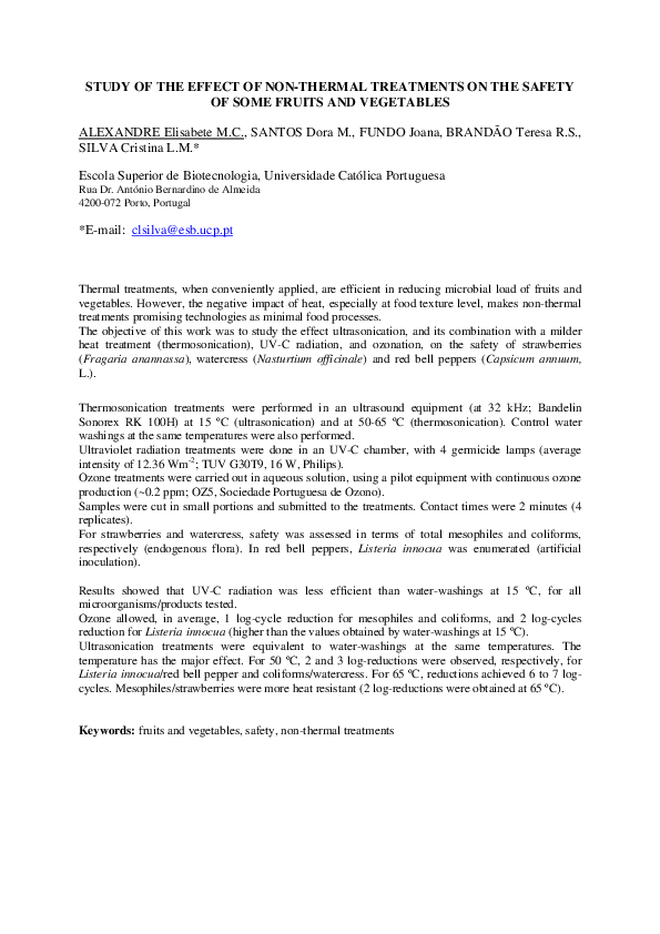 Study of the effect of non-thermal treatments on the safety of some fruits and vegetables