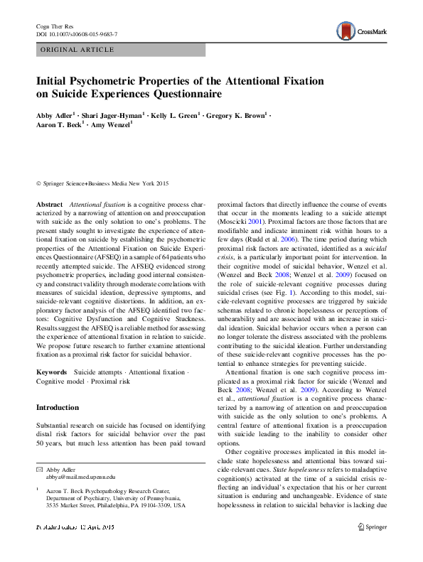 (PDF) Initial Psychometric Properties of the Attentional Fixation on ...
