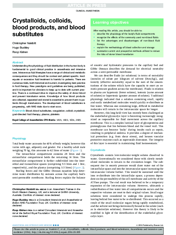 (PDF) Crystalloids, colloids, blood products, and blood substitutes