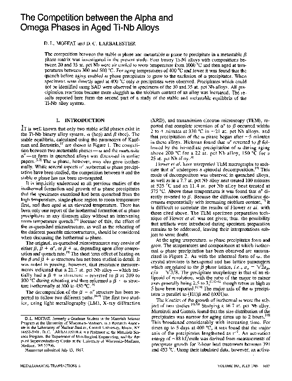 (PDF) The compctition between the alpha and omega phases in aged Ti-Nb ...