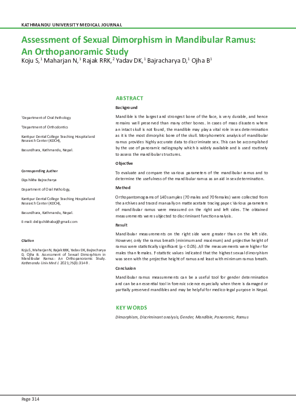 (PDF) Assessment of Sexual Dimorphism in Mandibular Ramus: An ...