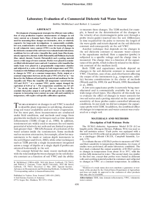 (PDF) Laboratory Evaluation of a Commercial Dielectric Soil Water Sensor