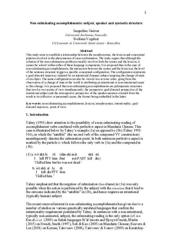 (PDF) Non-culminating accomplishments: subject, speaker and syntactic ...