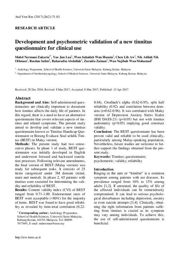 (PDF) Development and psychometric validation of a new tinnitus ...