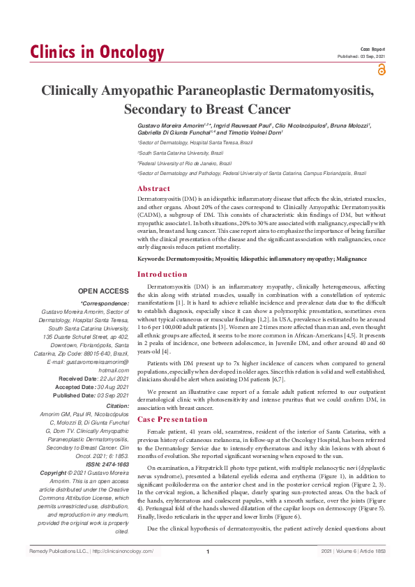 (PDF) Clinically Amyopathic Paraneoplastic Dermatomyositis, Secondary ...