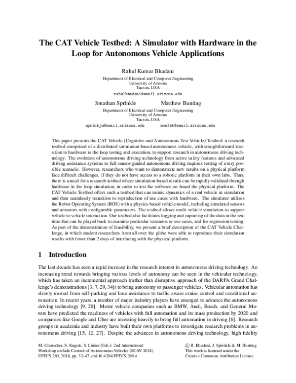 (PDF) The CAT Vehicle Testbed: A Simulator with Hardware in the Loop ...