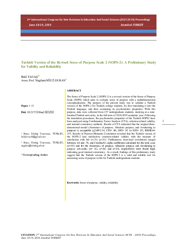 (PDF) The validity and reliability study of Turkish version of the ...