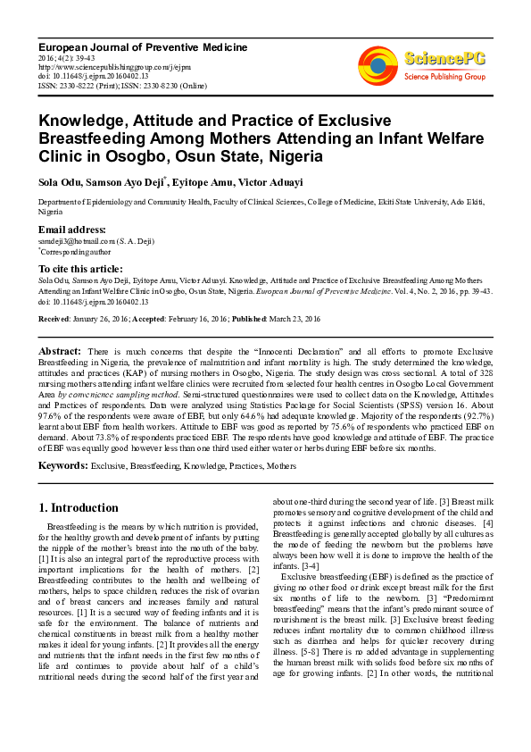 (PDF) Knowledge, Attitude and Practice of Exclusive Breastfeeding Among ...