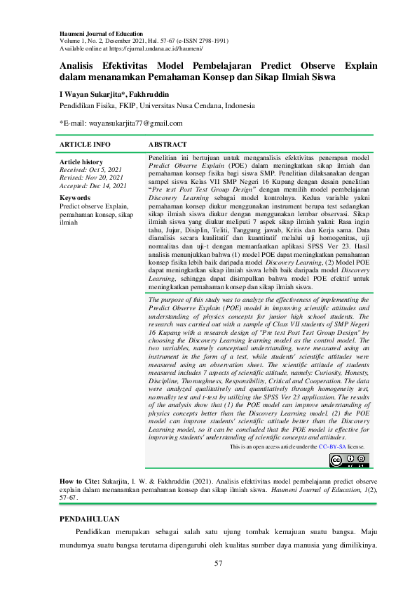 (PDF) Analisis Efektivitas Model Pembelajaran Predict Observe Explain ...