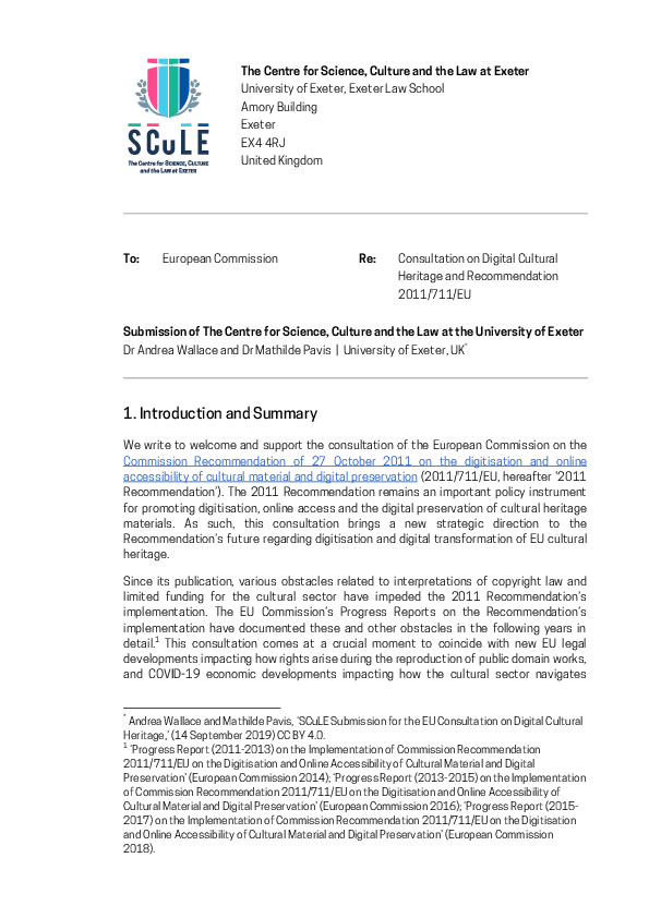 (PDF) SCuLE Submission for the EU Consultation on Digital Cultural Heritage