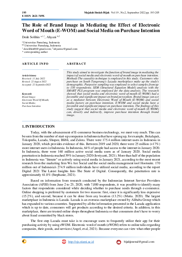 (PDF) The Role of Brand Image in Mediating the Effect of Electronic ...