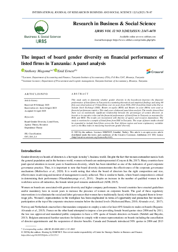 (PDF) The impact of board gender diversity on financial performance of ...