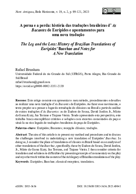 A perna e a perda: história das traduções brasileiras d' As Bacantes de Eurípides e apontamentos para uma nova tradução