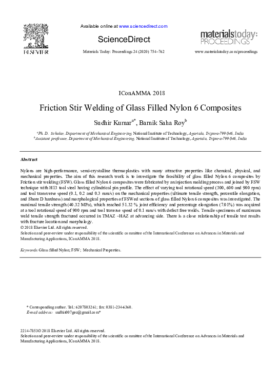 (PDF) Friction Stir Welding of Glass Filled Nylon 6 Composites