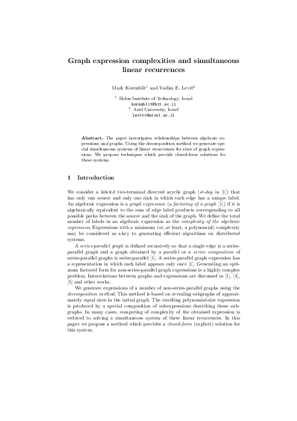 (PDF) Graph Expression Complexities and Simultaneous Linear Recurrences