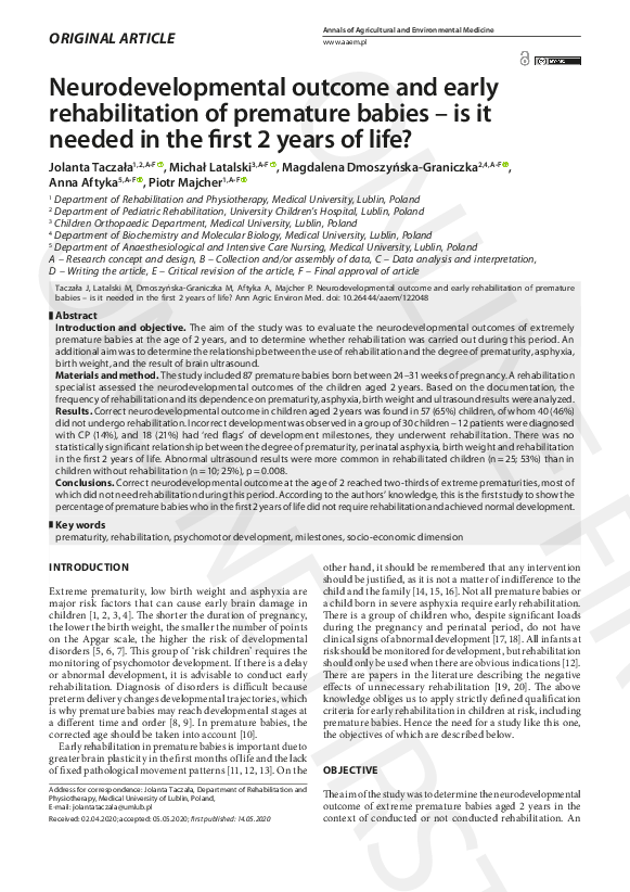 (PDF) Neurodevelopmental outcome and early rehabilitation of premature ...