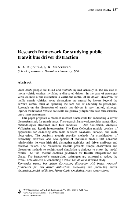 (PDF) Research framework for studying public transit bus driver distraction