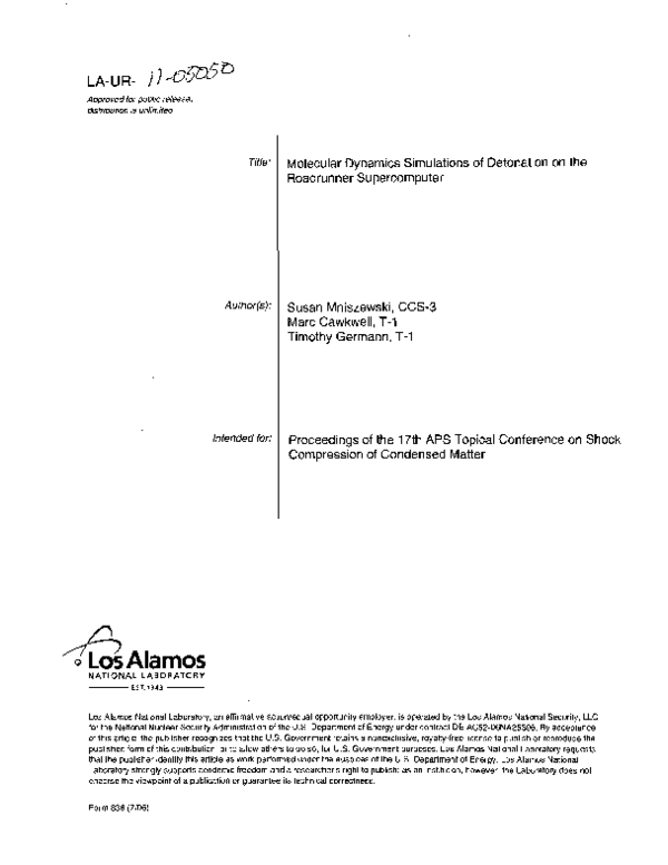 (PDF) Molecular dynamics simulations of detonation on the roadrunner ...