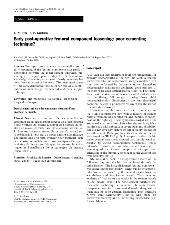 (PDF) Early post-operative femoral component loosening: poor cementing ...