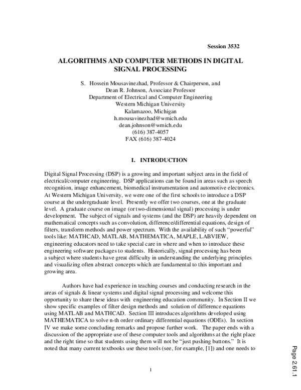 (PDF) Algorithms And Computer Methods In Digital Signal Processing