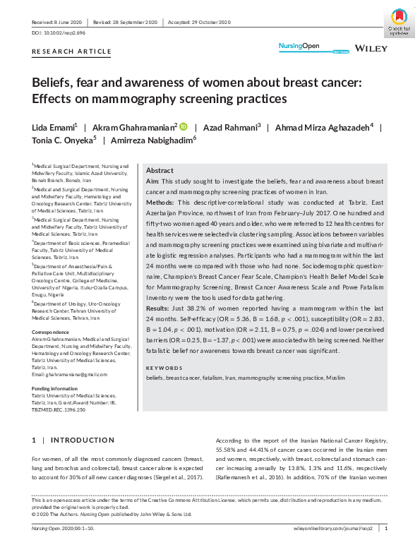 (PDF) Beliefs, fear and awareness of women about breast cancer: Effects ...