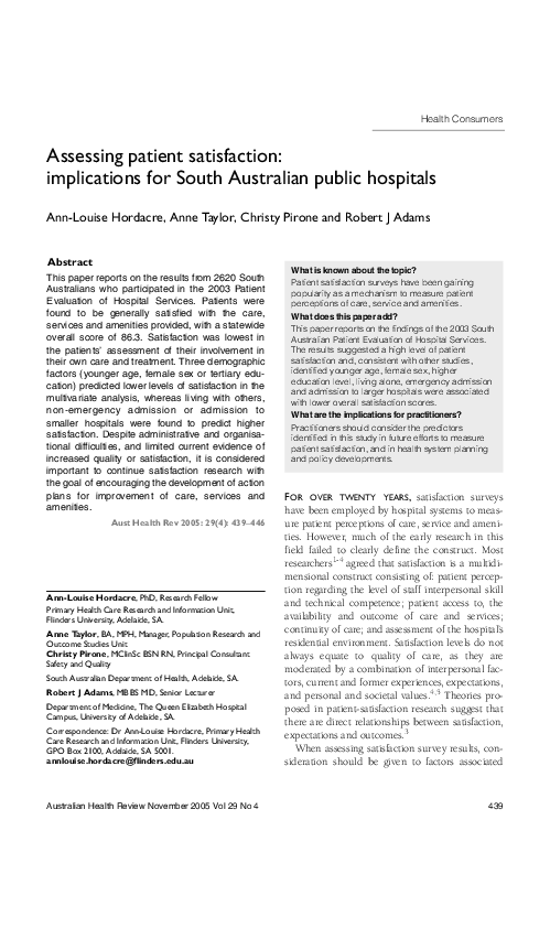 (PDF) Assessing patient satisfaction: implications for South Australian ...