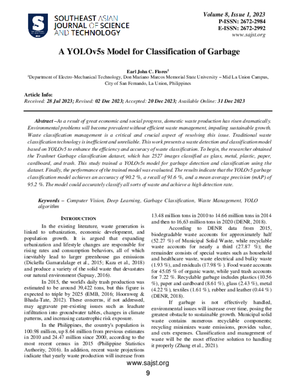 (PDF) A YOLOv5s Model for Classification of Garbage