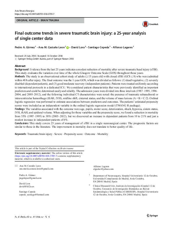 (PDF) Final outcome trends in severe traumatic brain injury: a 25-year ...