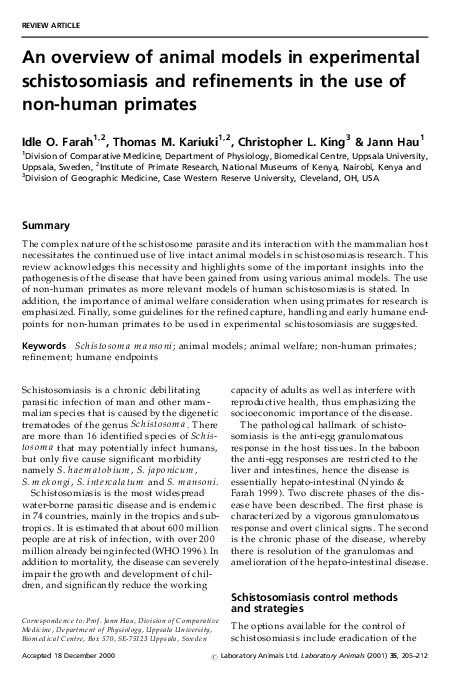 (PDF) An overview of animal models in experimental schistosomiasis and ...