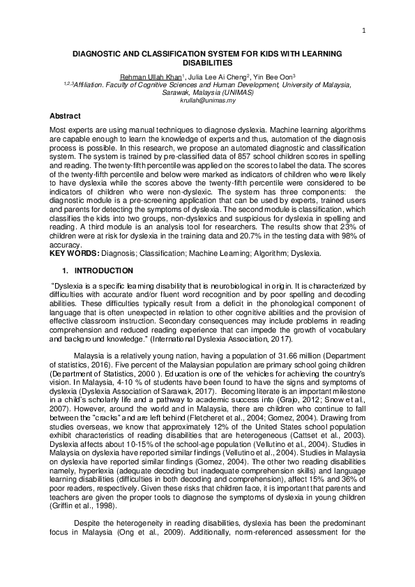 (PDF) Diagnostic And Classification System For Kids With Learning ...