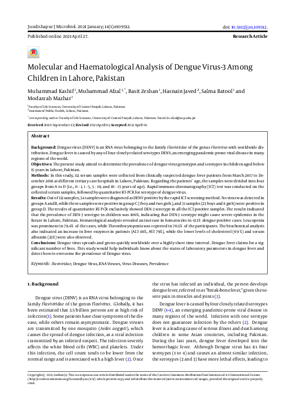 (PDF) Molecular and Haematological Analysis of Dengue Virus-3 Among ...