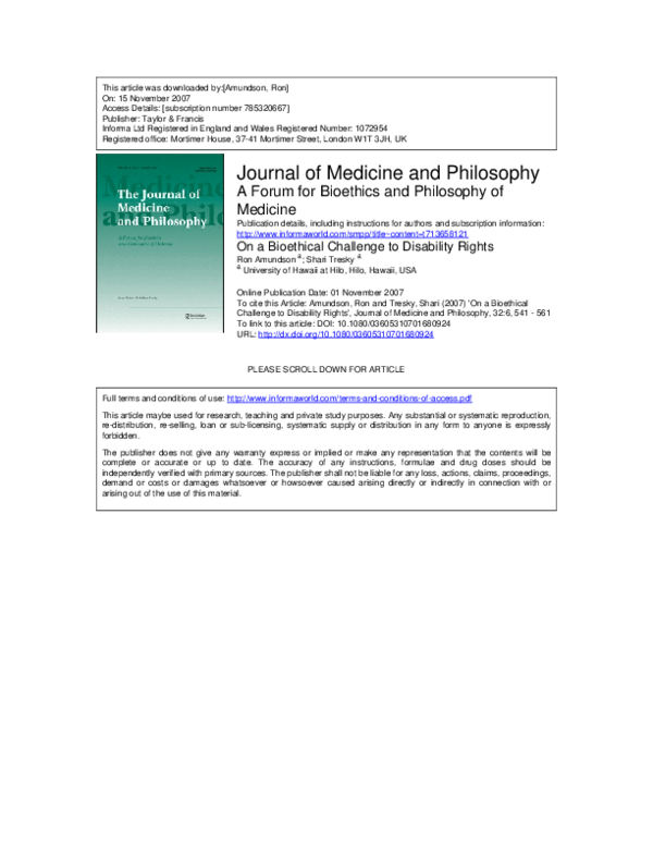 (PDF) On a Bioethical Challenge to Disability Rights