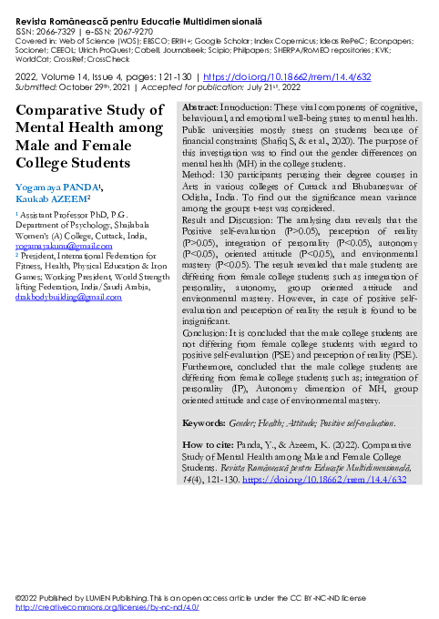 (PDF) Comparative Study of Mental Health among Male and Female College ...