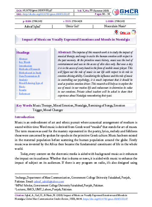 (PDF) Impact of Music on Vocally Expressed Emotions and Moods in Nostalgia