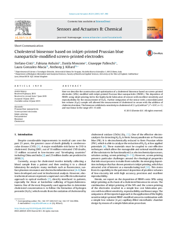 (PDF) Cholesterol biosensor based on inkjet-printed Prussian blue ...
