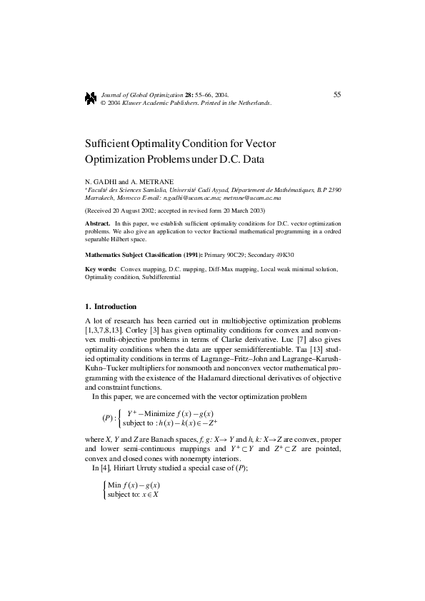(PDF) Sufficient Optimality Condition for Vector Optimization Problems ...