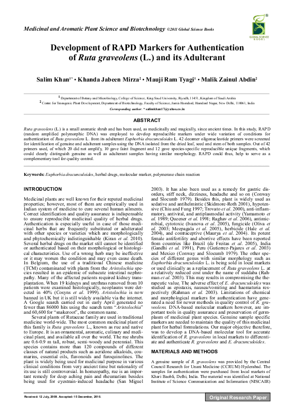 (PDF) Development of RAPD Markers for Authentication of Ruta graveolens ...