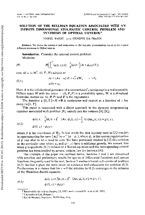 (PDF) Solution of the Bellman Equation Associated with an Infinite ...