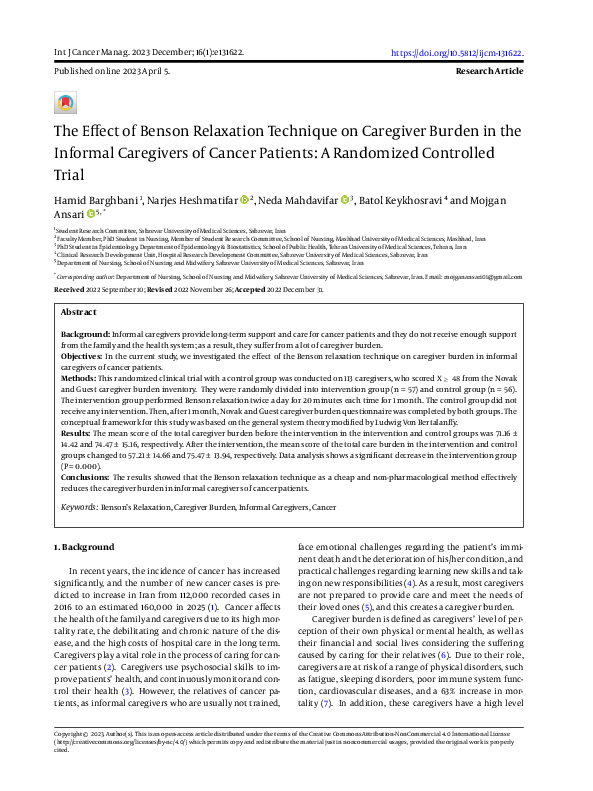 (PDF) The Effect of Benson Relaxation Technique on Caregiver Burden in ...