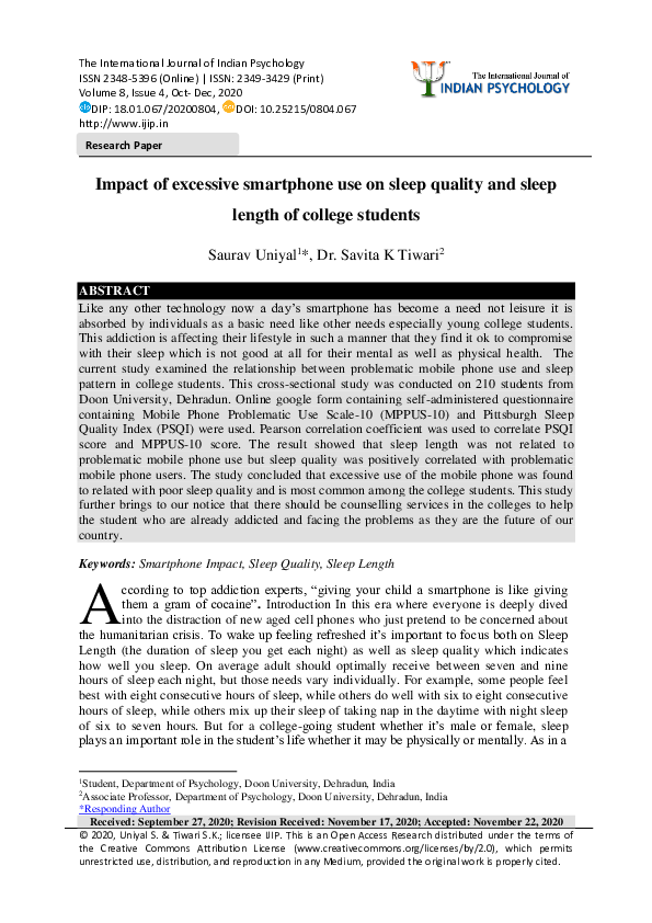 (PDF) Impact of excessive smartphone use on sleep quality and sleep ...