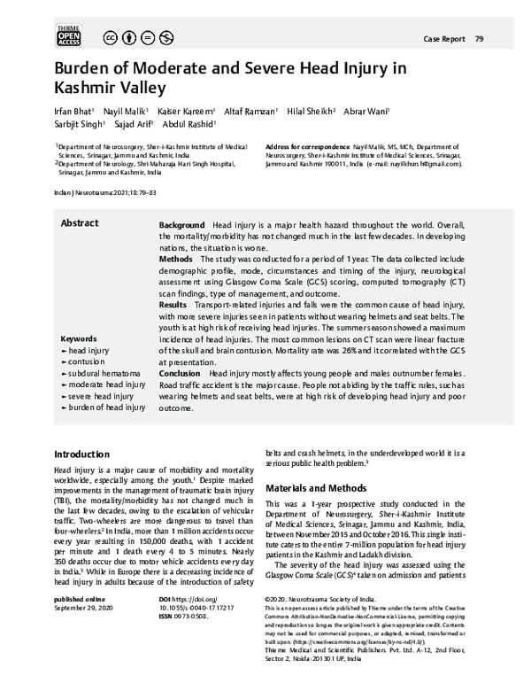 (PDF) Burden of Moderate and Severe Head Injury in Kashmir Valley