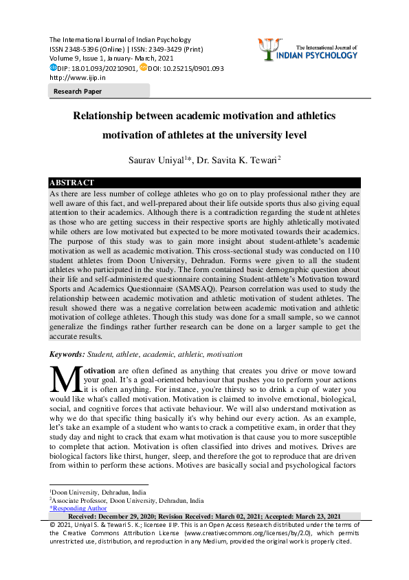(PDF) Relationship between academic motivation and athletics motivation ...