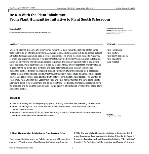 (PDF) Be Kin With the Plant Inhabitant: From Plant Humanities ...