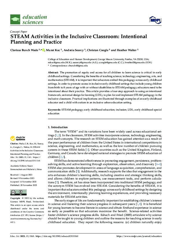 (PDF) STEAM Activities in the Inclusive Classroom: Intentional Planning ...