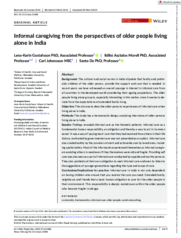 (PDF) Informal caregiving from the perspectives of older people living ...