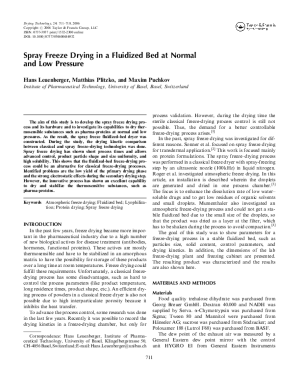 (PDF) Spray Freeze Drying in a Fluidized Bed at Normal and Low Pressure